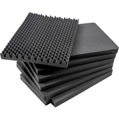 Stapel von schwarzen Schaumstoffplatten, teilweise mit einer wellenförmigen Oberfläche, die für Schallabsorption genutzt werden.