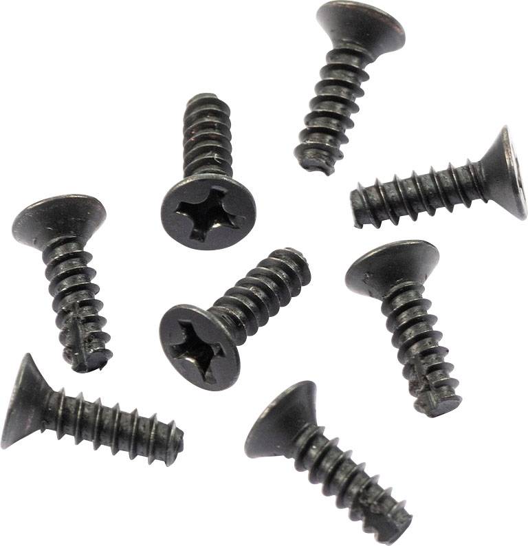 Acht schwarze Metallschrauben mit Kreuzschlitzkopf sind kreisförmig auf weißem Hintergrund angeordnet.