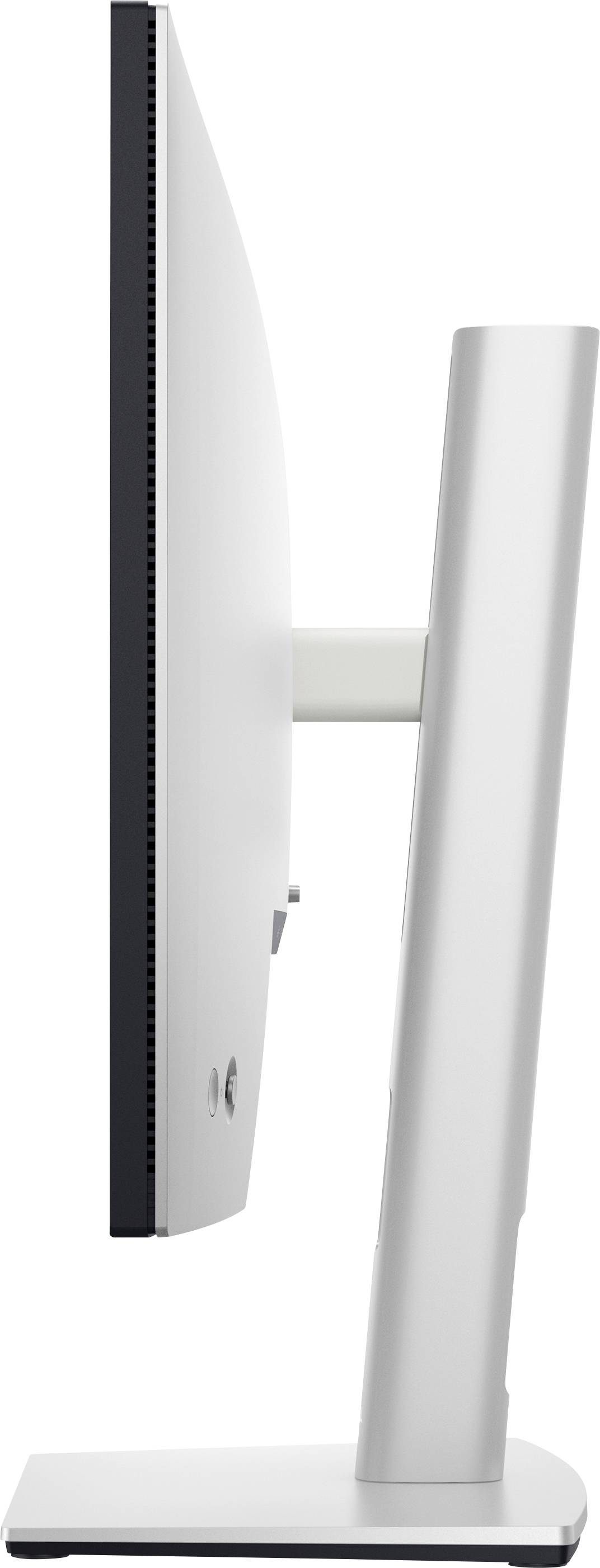 Seitliche Ansicht eines modernen, weißen Computermonitors mit schmalem Design und rechteckigem Standfuß.