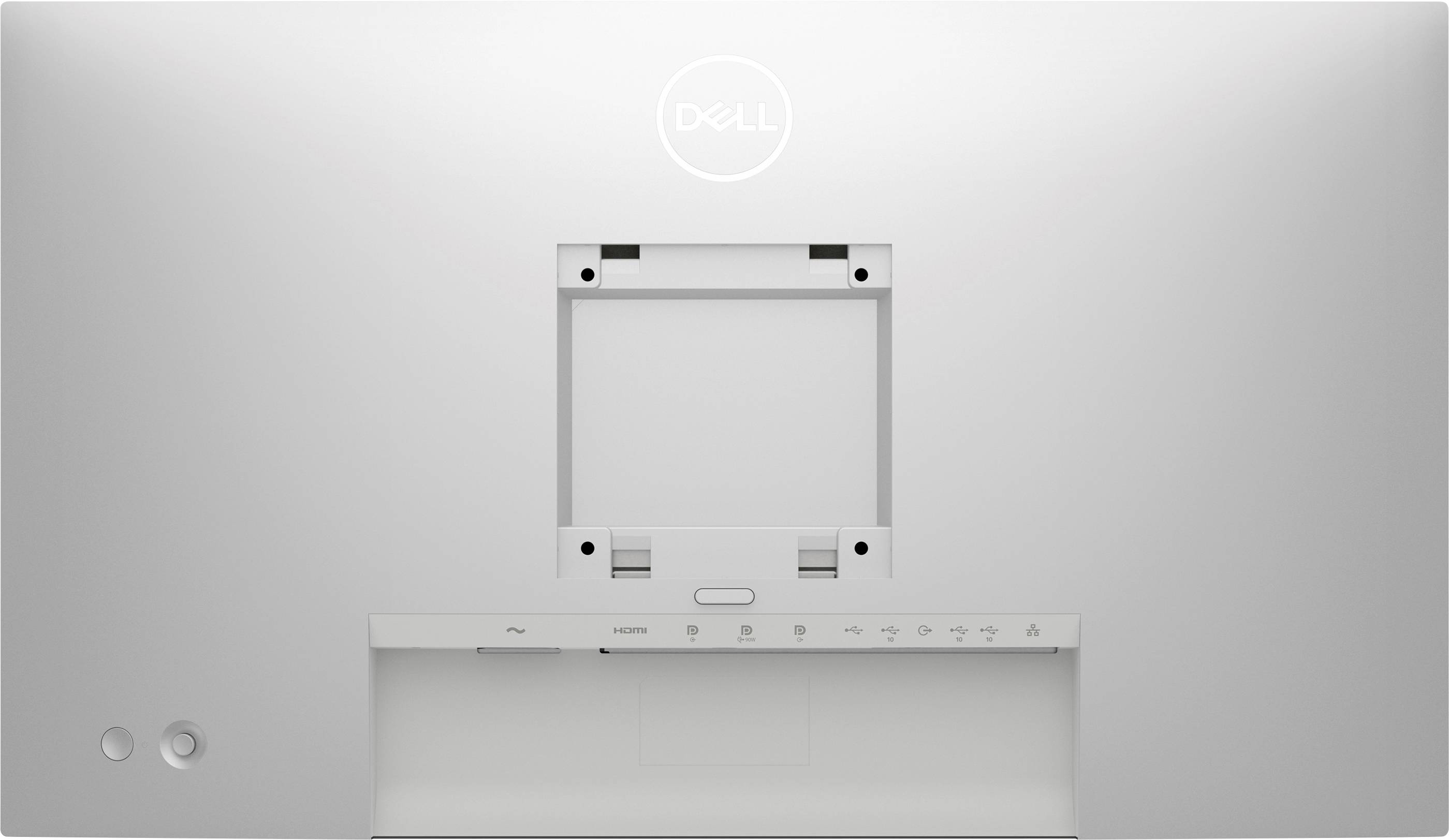 Rückseite eines Dell-Monitors mit Halterung für VESA-Montage und Anschlussmöglichkeiten wie HDMI, DisplayPort und USB.