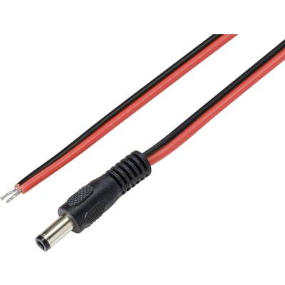 Ein schwarzes und rotes Netzkabel mit abisolierten Enden und einem runden Stecker.