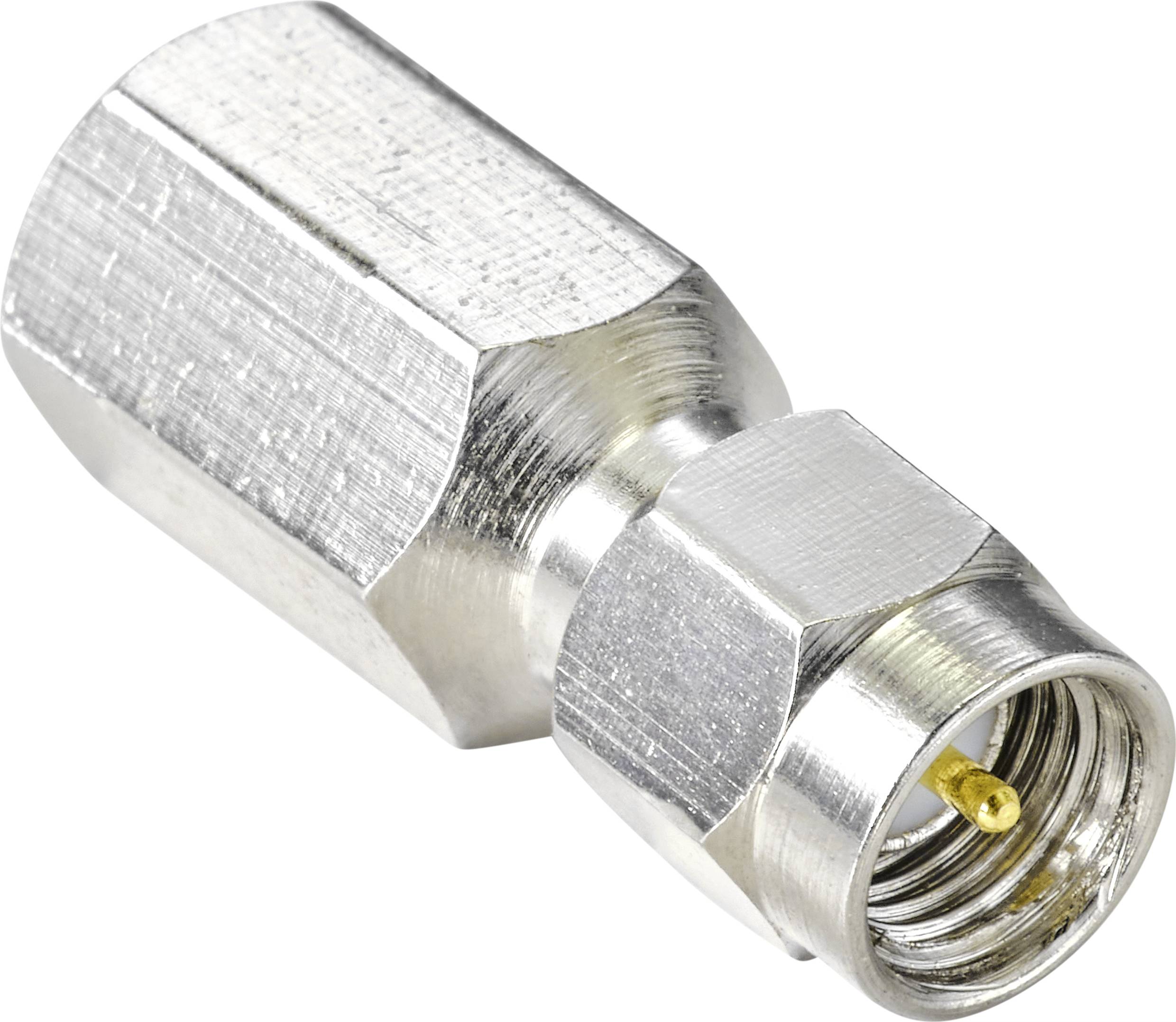 Ein silberner Koaxialstecker mit sechseckiger Form und einer goldenen Spitze für den Anschluss von Kabeln in elektronischen Geräten.