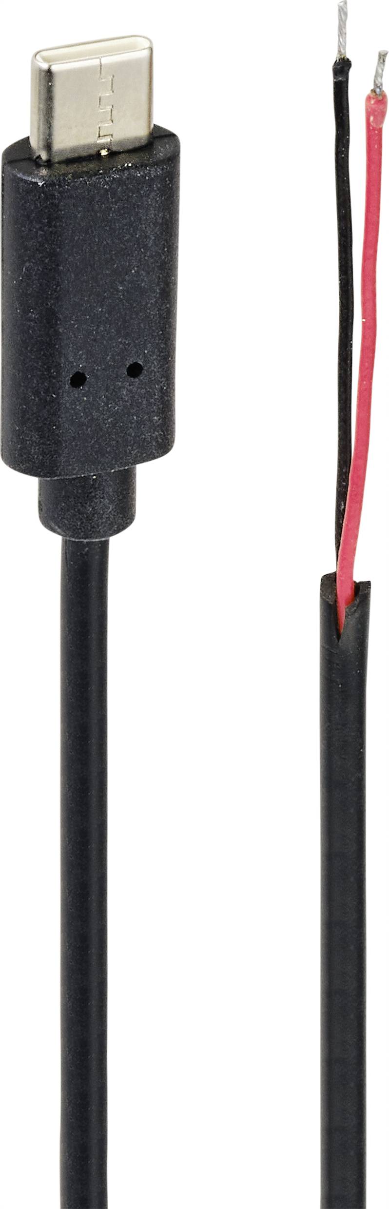 Ein USB-C-Kabel mit schwarzer und roter Ader, teilweise abisoliert. Geeignet für Projekte oder Reparaturen, bei denen offene Kabelenden erforderlich sind.