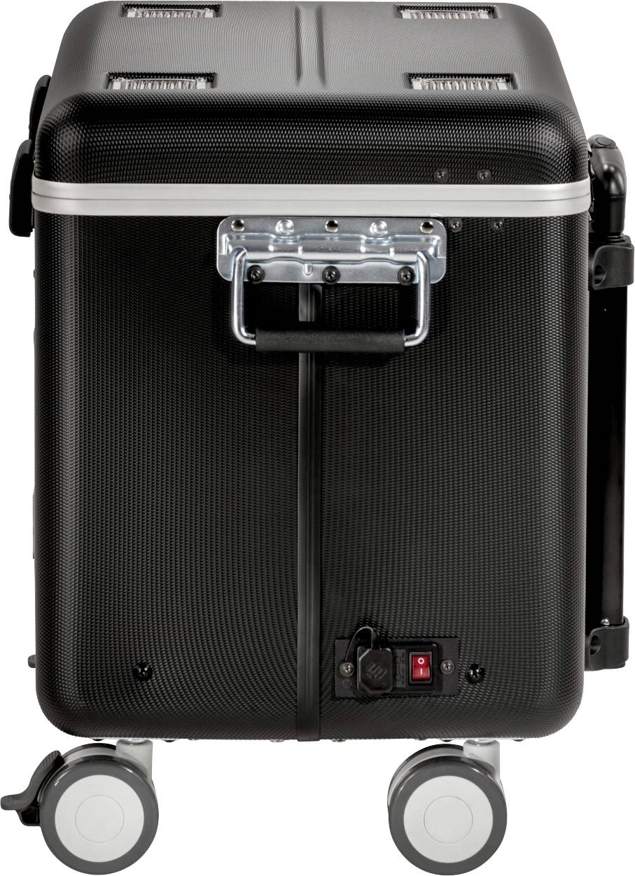 Schwarzer Koffer mit Griff und Rädern, geeignet für sicheren Transport und Aufbewahrung, Vorderansicht.