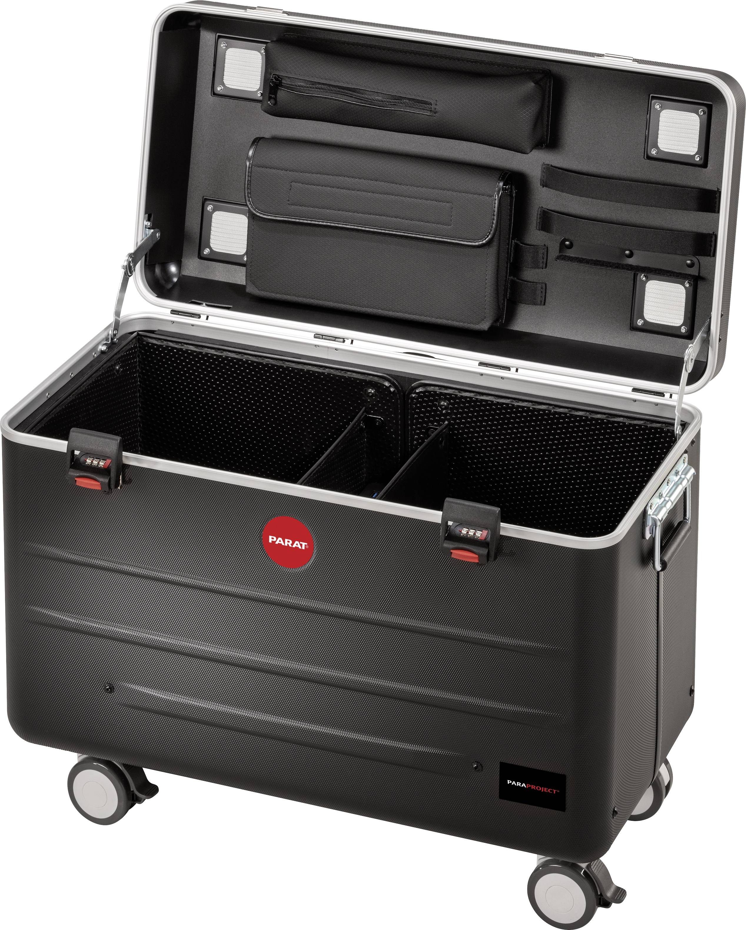 Schwarzer Rollkoffer mit offenem Deckel zeigt Innenfächer und verschließbare Taschen, geeignet für Werkzeug bzw. Equipmenttransport.