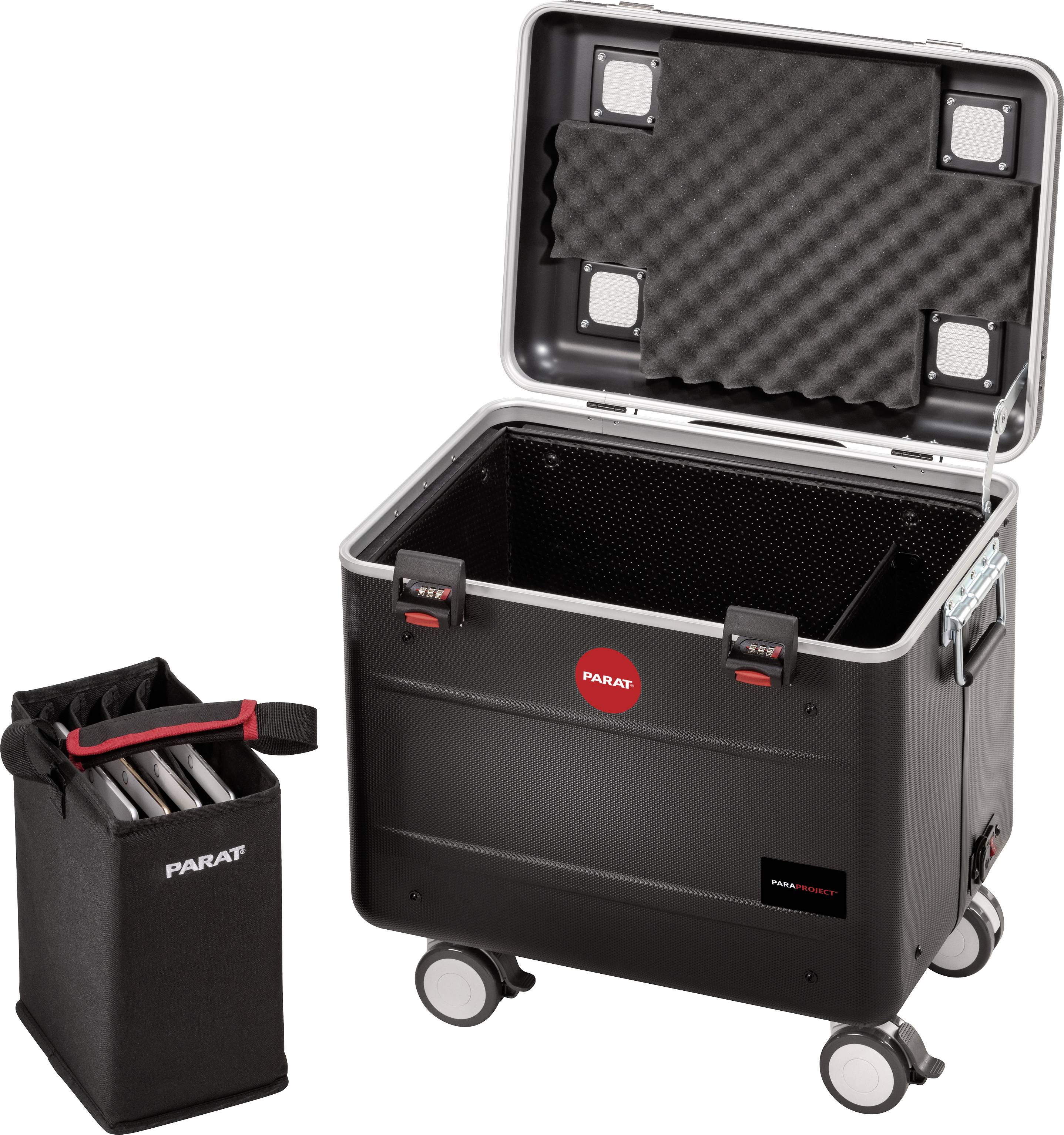 Offener schwarzer Transportkoffer mit Rädern und einem entnehmbaren Einsatz für Tablets. Der Koffer hat Schaumstoffauskleidung und ist für sicheren Transport konzipiert.