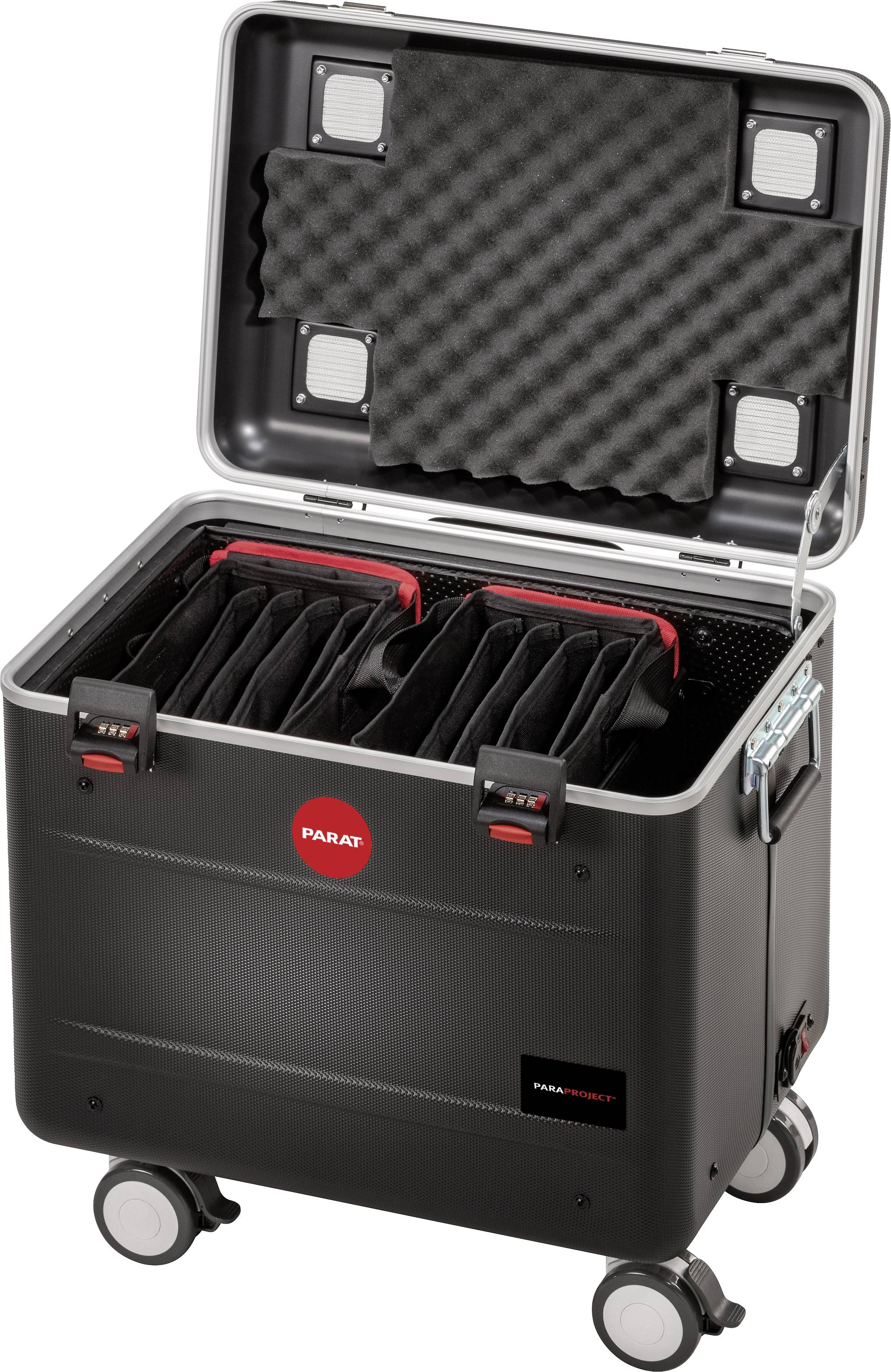 Eine offene, schwarze Transportbox mit Polsterung und mehreren Fächern, geeignet für den sicheren Transport von Gegenständen.