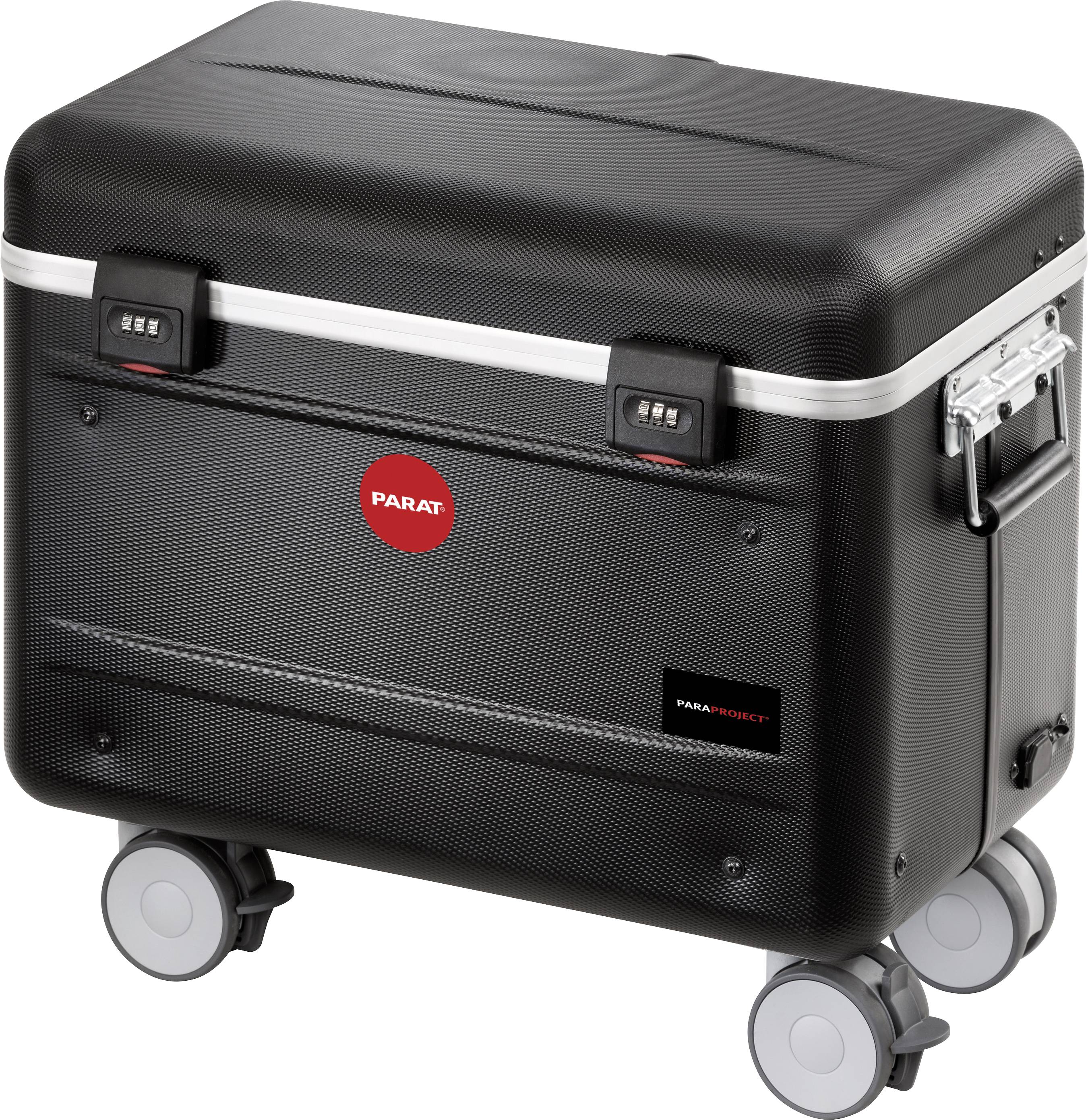 Ein schwarzer, robuster Rollkoffer mit vier Rädern und einem Griff an der Seite; Marke 'PARAT'. Ideal für Werkzeugtransport.