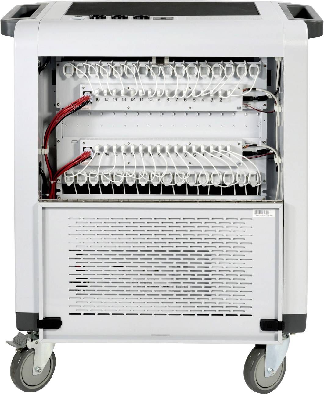 Ein Ladegerät, das mehrere Geräte über Kabel gleichzeitig aufladen kann. Es hat Räder für Beweglichkeit und einen luftdurchlässigen Deckel.