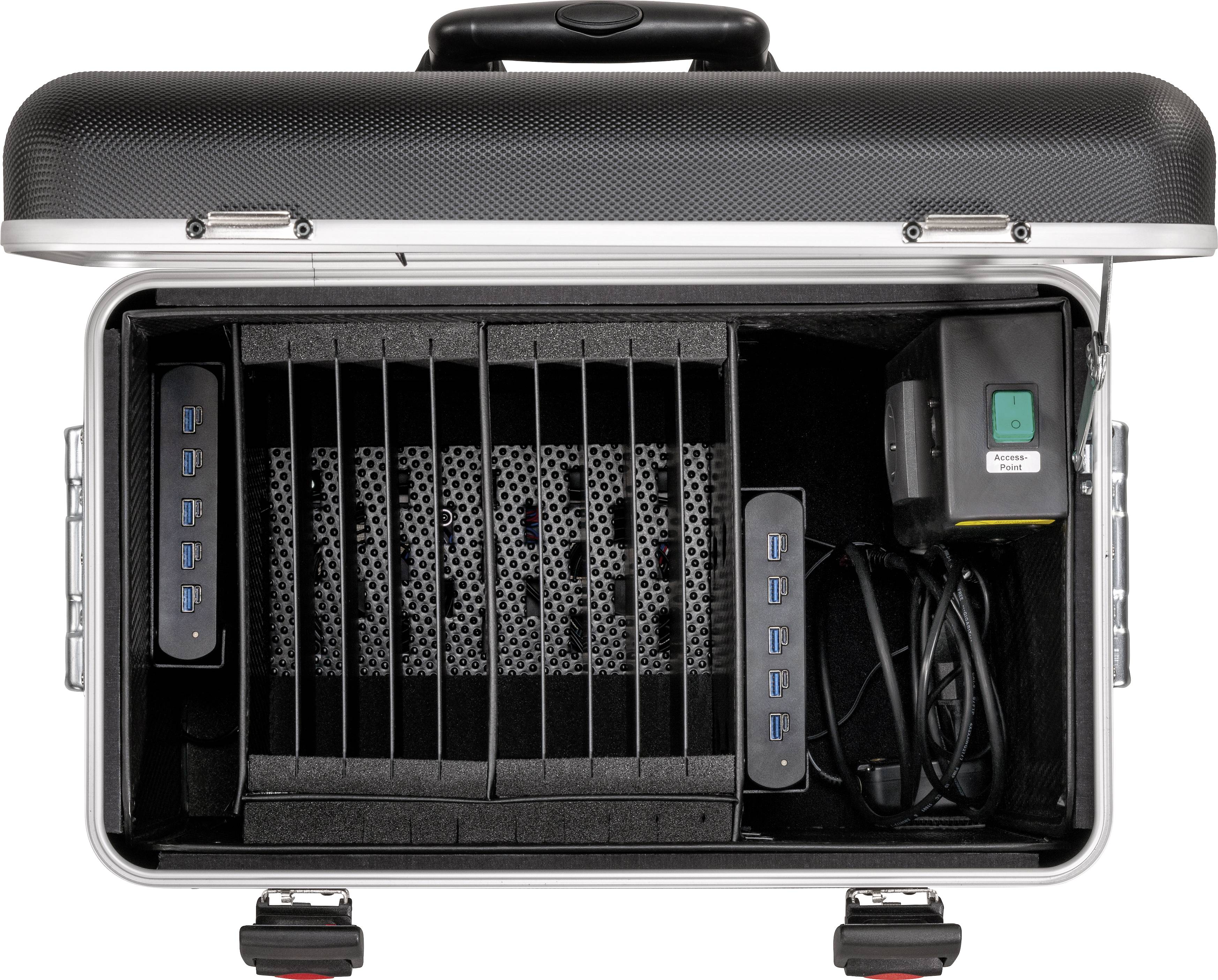 'Offener Koffer mit Steckplätzen, USB-Hubs und Ladegerät. Geeignet für das Laden und Aufbewahren mehrerer Geräte wie Tablets.'