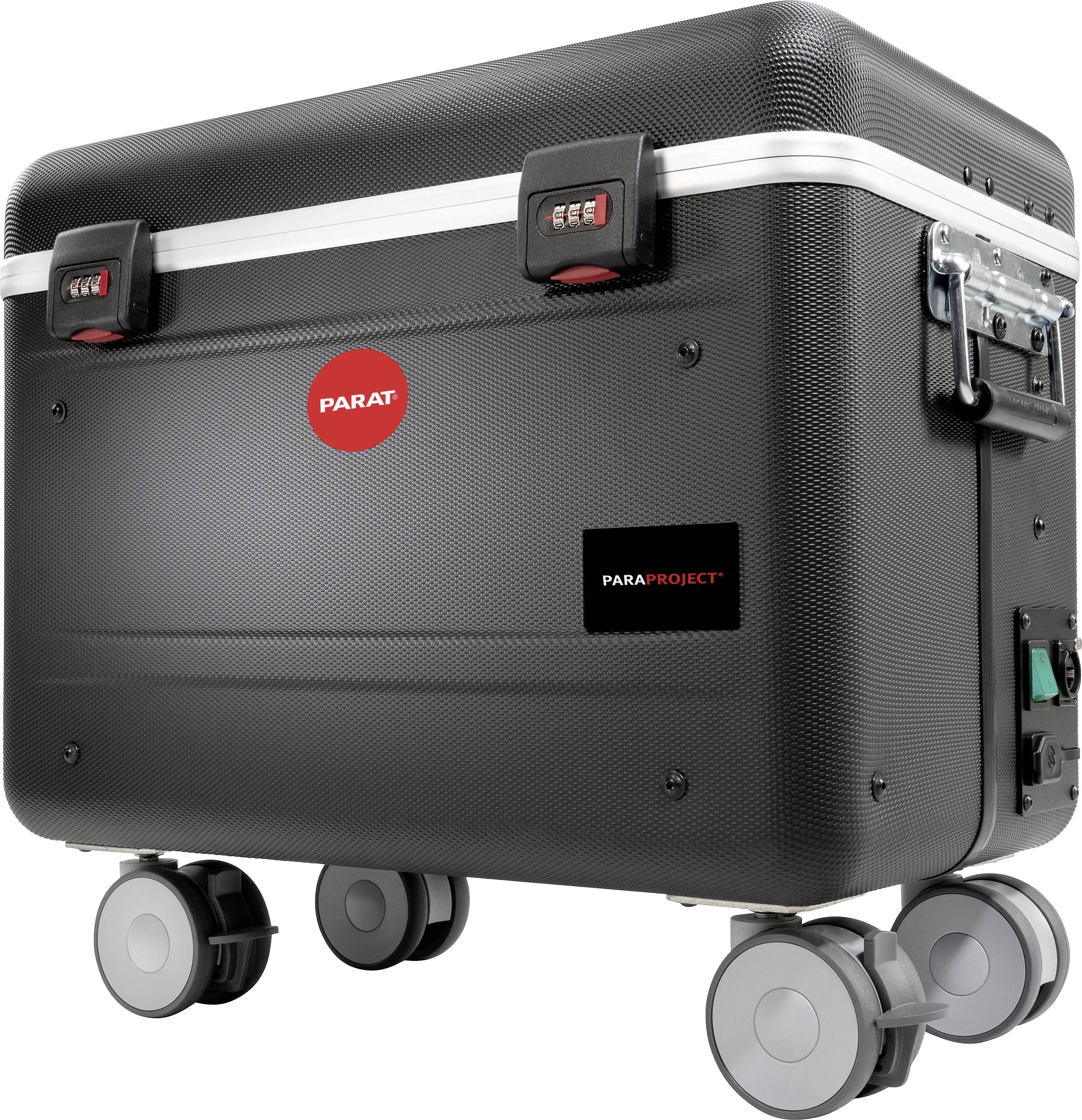 'Schwarzer Rollkoffer mit rotem Parat-Logo, Zahlenschlössern und robusten Rollen. Geeignet für den sicheren Transport von Geräten.'