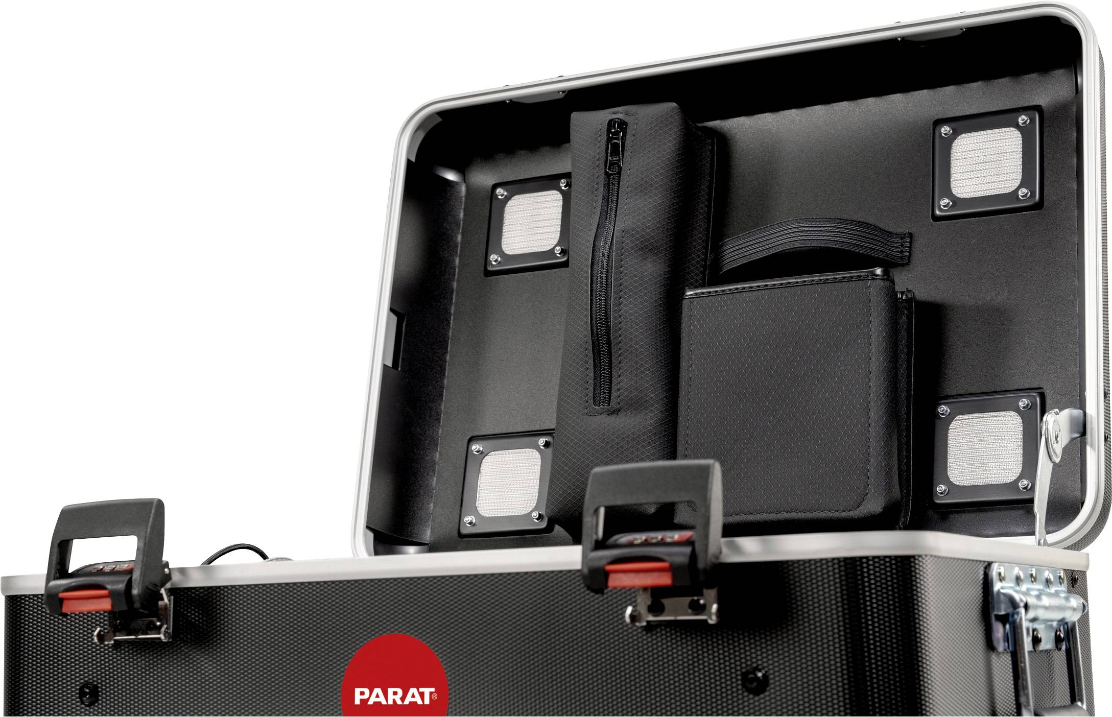 'Geöffneter schwarzer Koffer mit zwei schwarzen Taschen innen, Markenlogo PARAT auf der Außenseite.'