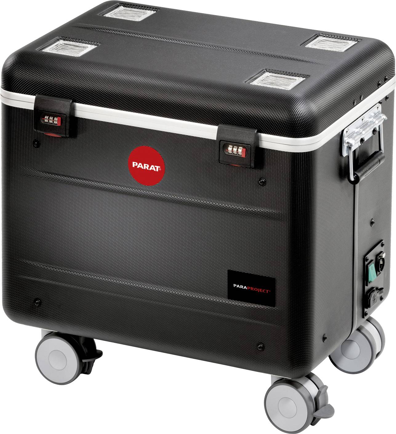 Schwarzer, mobiler Koffer mit vier Rollen, Griffen und einer roten 'PARAT'-Marke auf der Seite.
