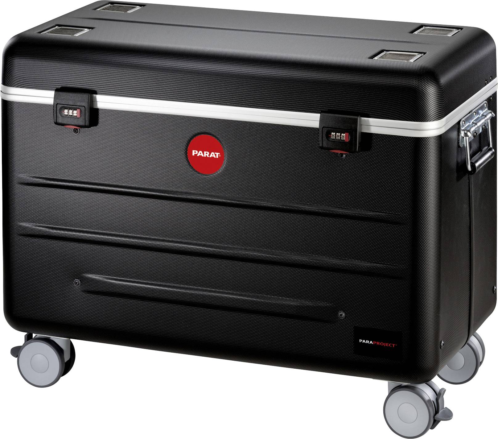 Schwarzer Rollkoffer mit silbernen Griffen und vier Rädern, rote Marke mit 'PARAT' in der Mitte, Zahlen auf Schlössern sichtbar.