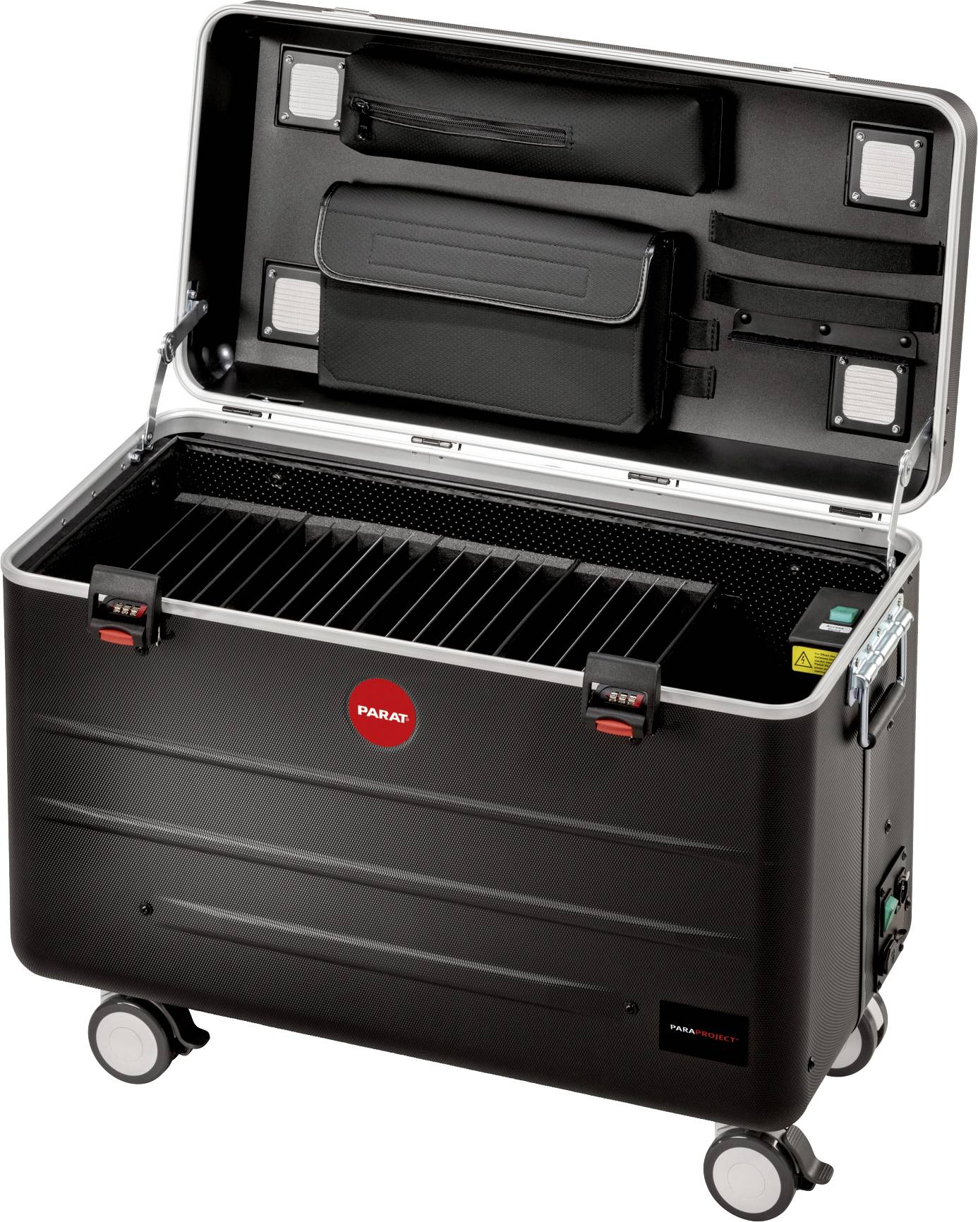 Schwarzer Trolleykoffer mit offenem Deckel, zeigt Innenfächer und Trennstäbe, ideal für die Aufbewahrung und Transport von Fotografie-Equipment.