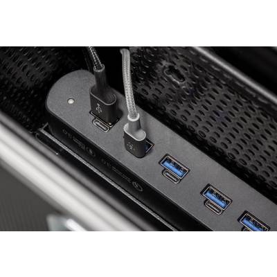 Ein USB-Hub mit mehreren Anschlüssen: zwei USB-C-Kabel sind eingesteckt, daneben vier weitere USB-A-Anschlüsse.