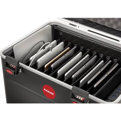 Ein geöffneter Transportkoffer mit mehreren Laptops in einzelnen Fächern, geeignet für den sicheren Transport und die Aufbewahrung.