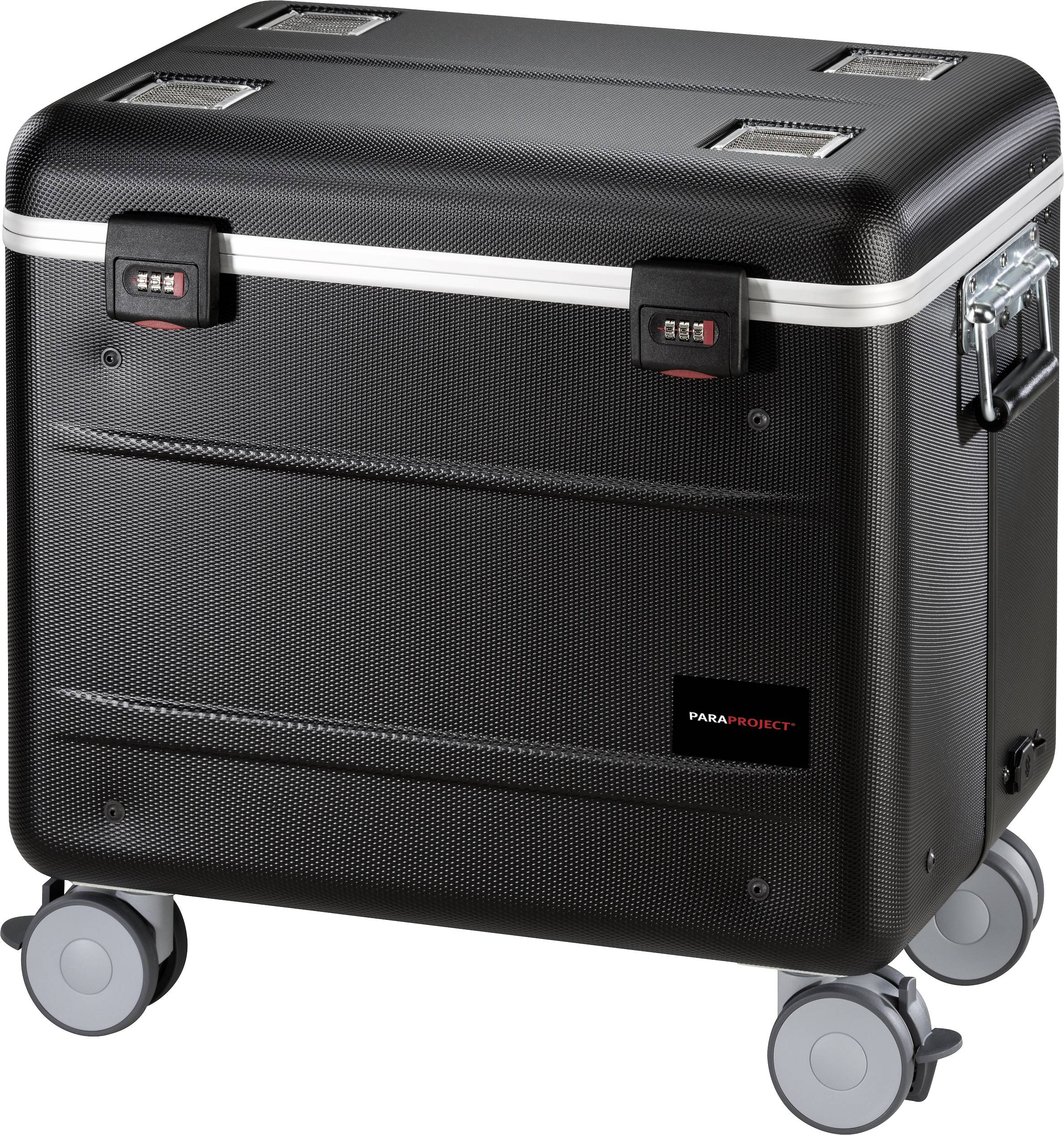Ein schwarzer, abschließbarer Rollkoffer mit robustem Design und Schiebegriffen, geeignet für den sicheren Transport von Geräten.