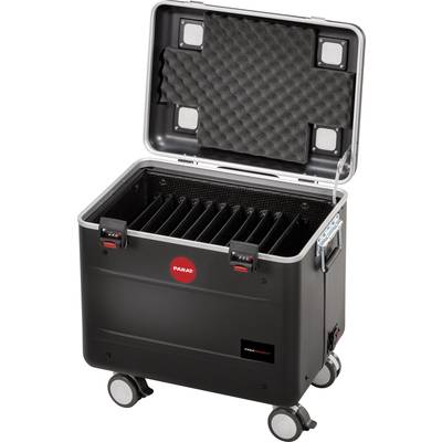 Schwarzer Transportkoffer mit offenem Deckel, Innenausstattung für Laptops oder Tablets, Schaumstoffpolsterung im Deckel, vier Rollen.