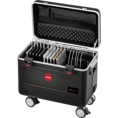 Ein schwarzer Koffer mit Rollen und offenem Deckel zeigt Laptopfächer, alle mit Laptops gefüllt. Ein rotes Logo mit 'PARAT' ist sichtbar.