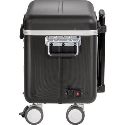 Schwarzer, vertikaler Rollkoffer mit silbernem Griff und zwei Rädern. Enthält ein rotes und schwarzes Schalterelement auf der Vorderseite.