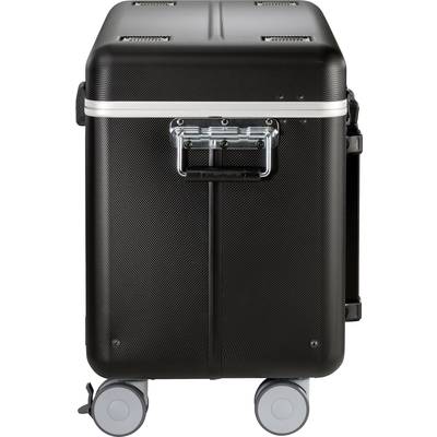 Ein schwarzer Rollkoffer mit vier Rädern und einem silbernen Griff, seitliche Ansicht. Ideal für Reisen und Geschäftsreisen.
