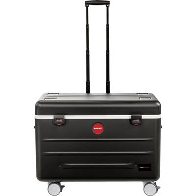Schwarzer, hochwertiger Werkzeugkoffer auf Rollen mit ausziehbarem Griff. Ideal zum sicheren Transport von Werkzeugen.