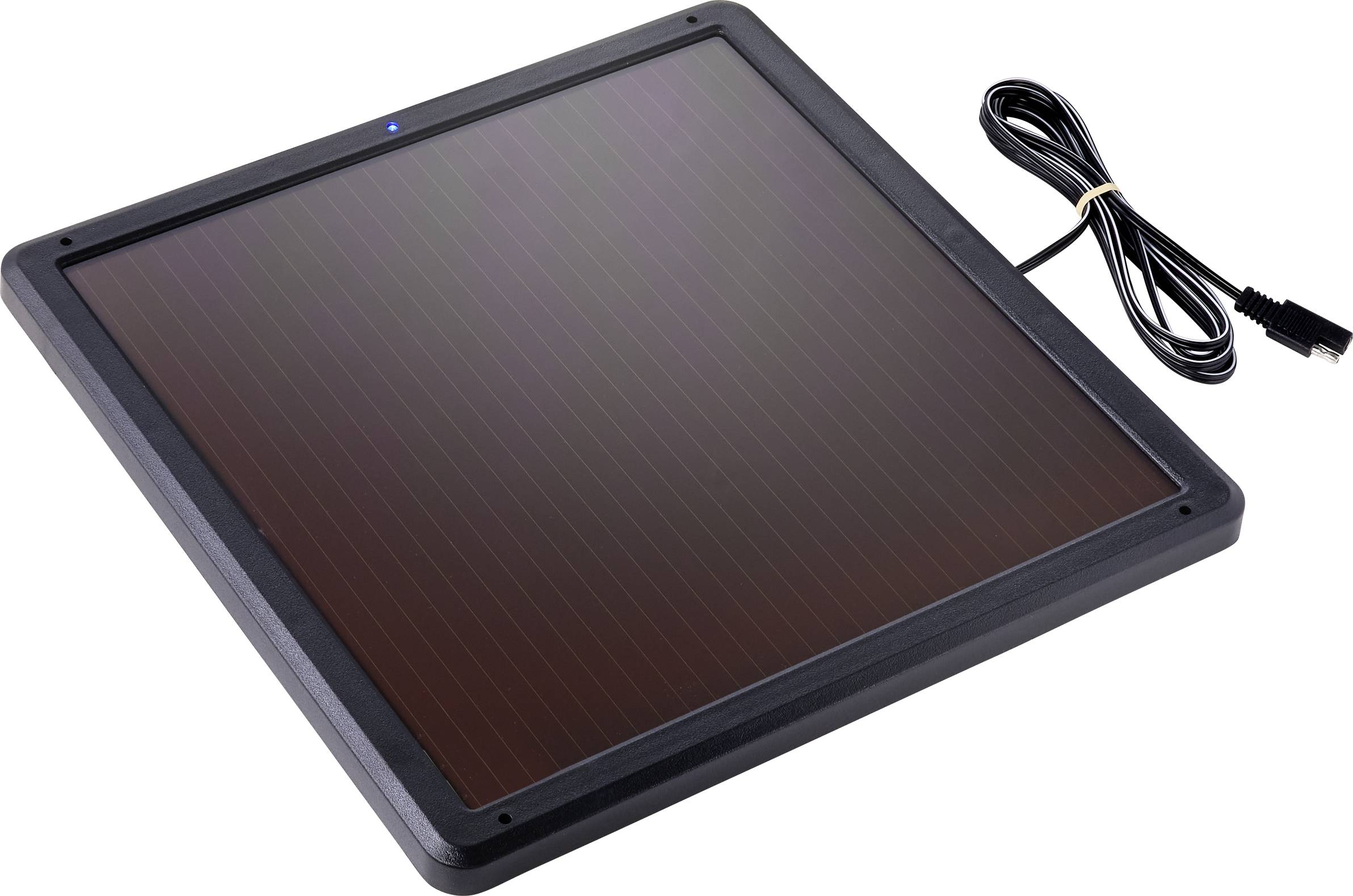 Quadratisches Solarpanel mit schwarzem Rahmen, seitlich ein Anschlusskabel. Gebraucht zur Umwandlung von Sonnenlicht in elektrische Energie.