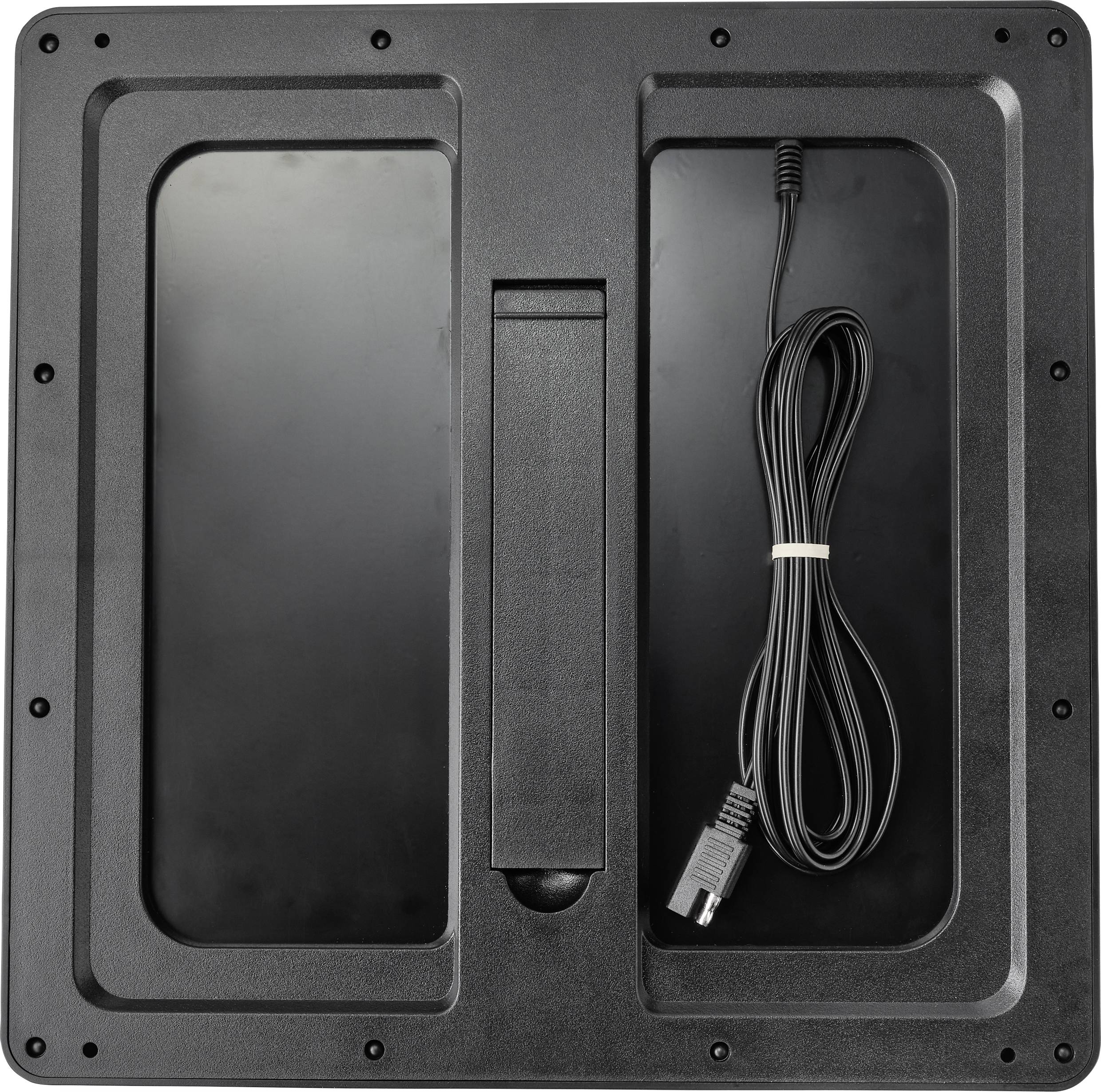 Schwarze, rechteckige Metallplatte mit eingebautem Kabel und europäischem Stecker, verwendet als Wärmeleitplatte oder Heizgerät.