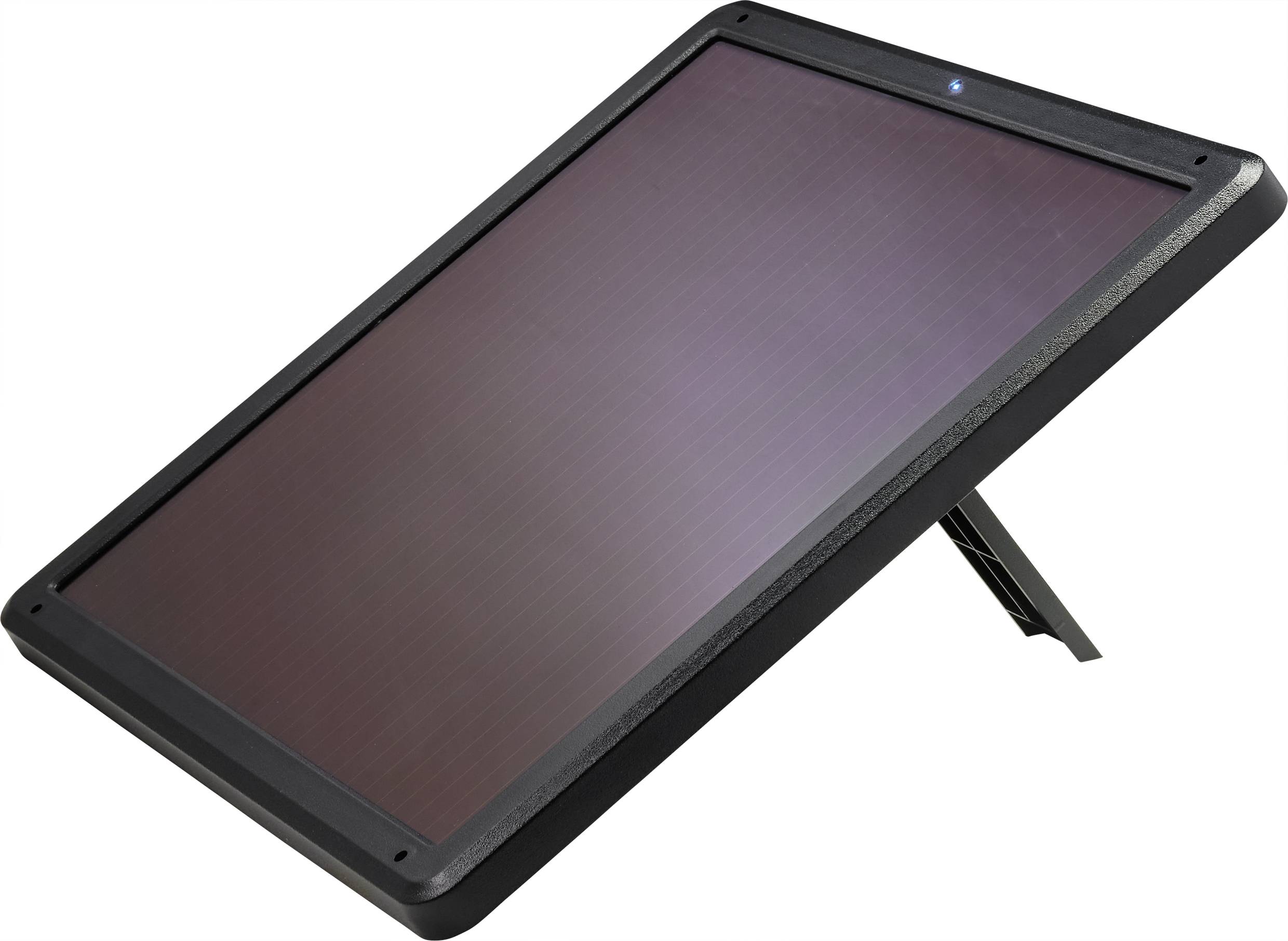 Schwarzes Solarpanel in Schräge mit klappbarem Ständer, blauer LED oben; geeignet für tragbare Stromversorgung.