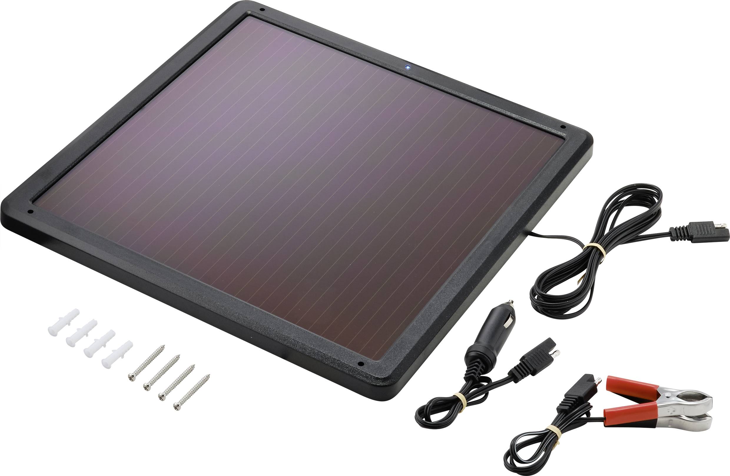 Ein Solarpanel-Ladegerät mit Kabeln und Befestigungsmaterial. Es dient zum Aufladen von Batterien durch Sonnenenergie.