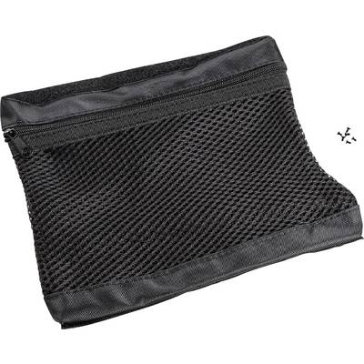 Eine schwarze Netztasche mit Reißverschluss, liegt flach auf einem weißen Hintergrund. Daneben liegen kleine schwarze Schrauben.