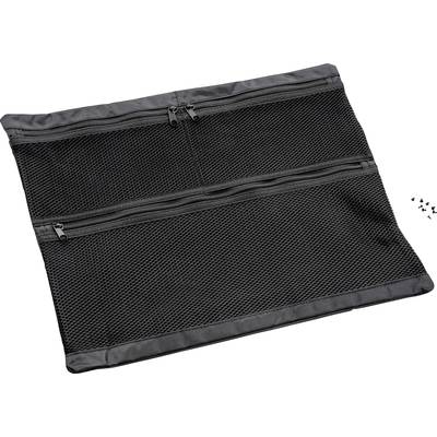 Schwarze, rechteckige Aufbewahrungstasche mit zwei Reißverschlüssen. Tasche besteht aus Netzgewebe, eignet sich für Werkzeug- oder Zubehörorganisation.