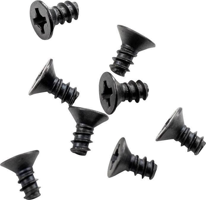 Schwarze Schrauben mit Kreuzschlitzkopf, verstreut auf weißem Hintergrund. Die Schrauben sind in verschiedenen Winkeln angeordnet.