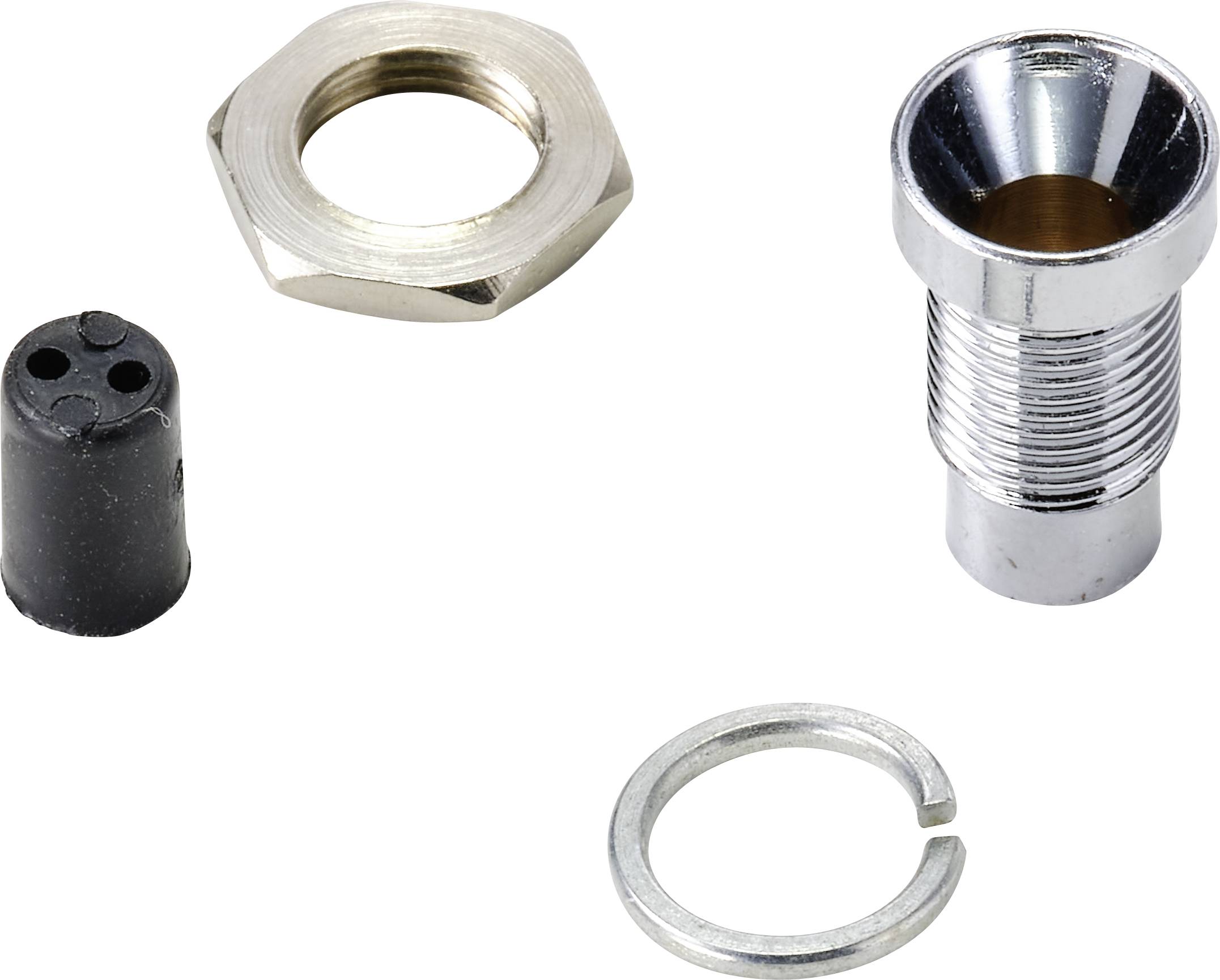 Vier Metallteile: Eine Sechskantmutter, ein zylindrisches Gewindeteil, ein rundes Gummibauteil mit Löchern und ein Metallring.