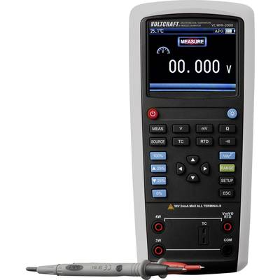 Ein digitales Multimeter mit großem Display zeigt '0.000 V'. Verschiedene Funktionstasten und Messmodi sind sichtbar.