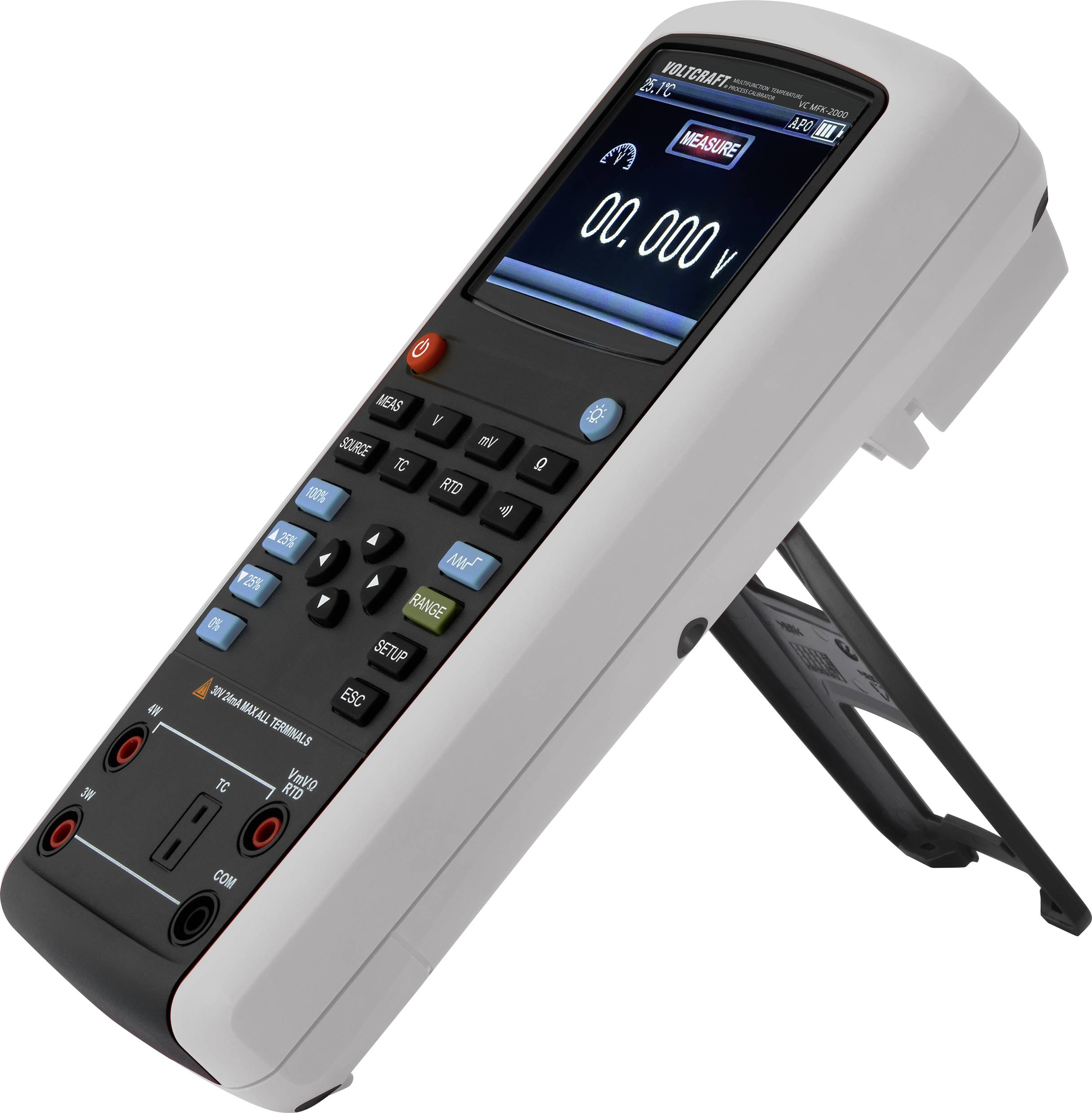 Tragbares Multifunktionsmessgerät mit digitalem Display, zeigt eine Spannungsanzeige an. Funktionstasten darunter zur Steuerung.