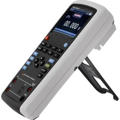 Tragbares Multifunktionsmessgerät mit digitalem Display, zeigt eine Spannungsanzeige an. Funktionstasten darunter zur Steuerung.