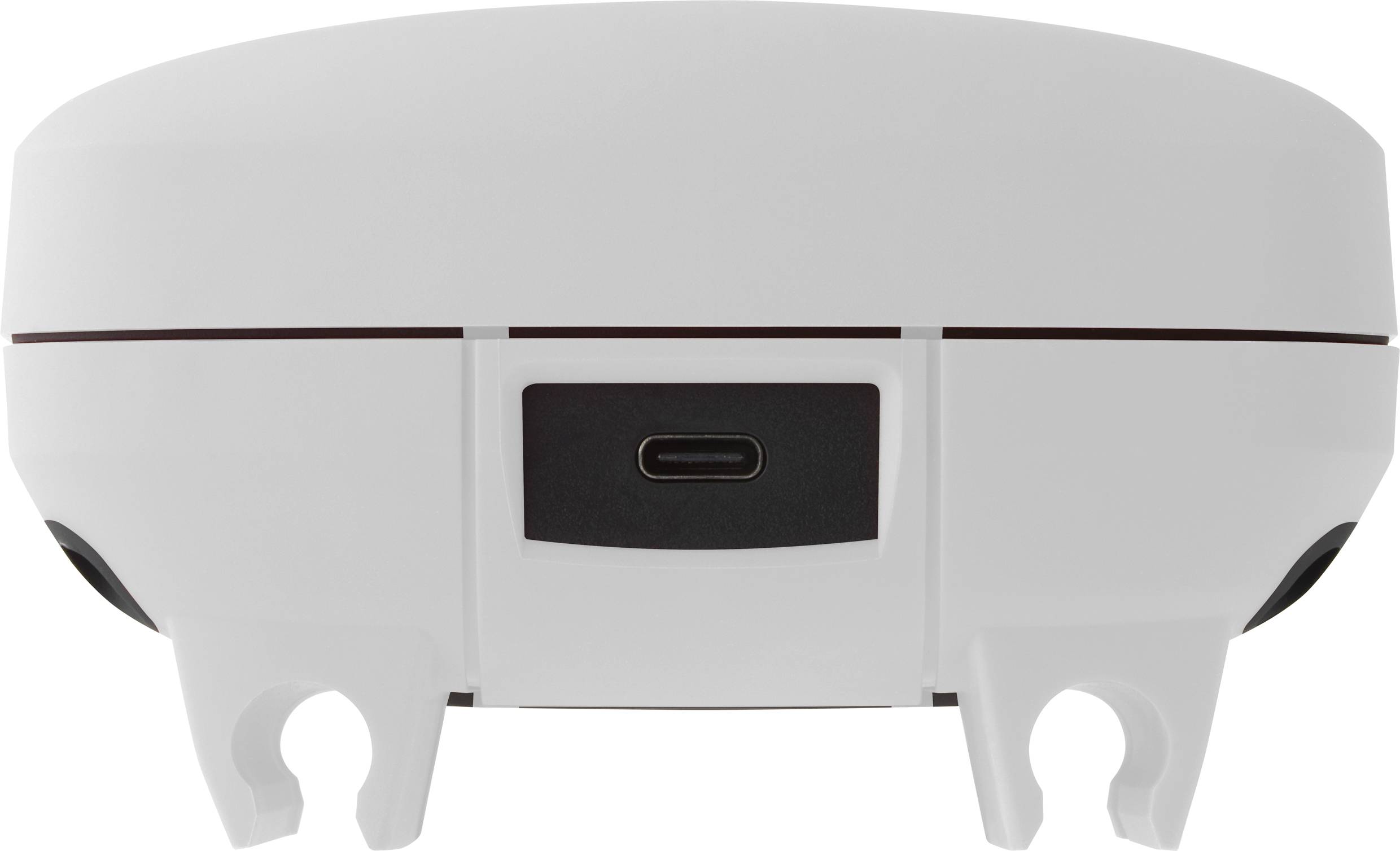 Ein weißer, runder, elektronischer Sensor mit USB-C-Anschluss an der Vorderseite, montiert auf einer Halterung, vor einem weißen Hintergrund.