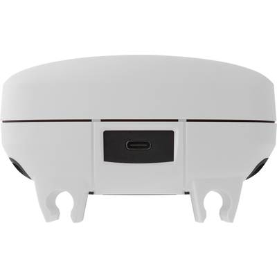 Ein weißer, runder, elektronischer Sensor mit USB-C-Anschluss an der Vorderseite, montiert auf einer Halterung, vor einem weißen Hintergrund.