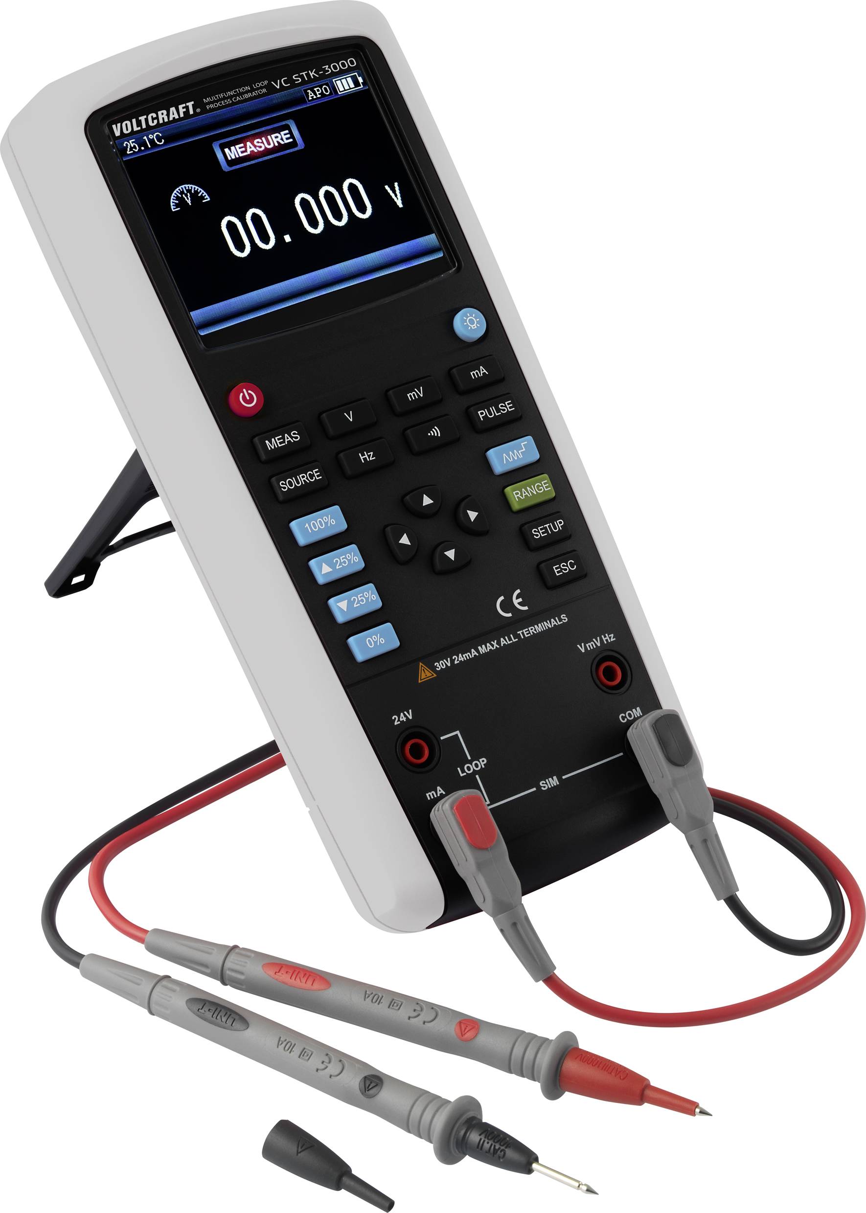 Multimeter mit digitalem Display, zeigt '00.00 V'. Enthält Steuerknöpfe, Kabel mit Prüfspitzen und ist an einen Halter angeschlossen.