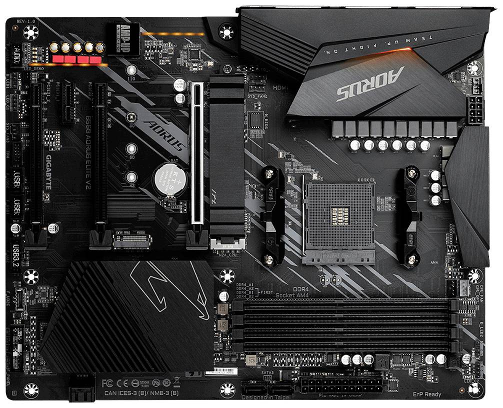 Das Bild zeigt ein AORUS-Motherboard mit verschiedenen Steckplätzen und Komponenten, geeignet für den Einbau in einen PC.