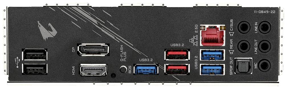 Rückseite eines Motherboards mit mehreren USB-Anschlüssen, HDMI, DisplayPort, Ethernet-Port und Audioanschlüssen.