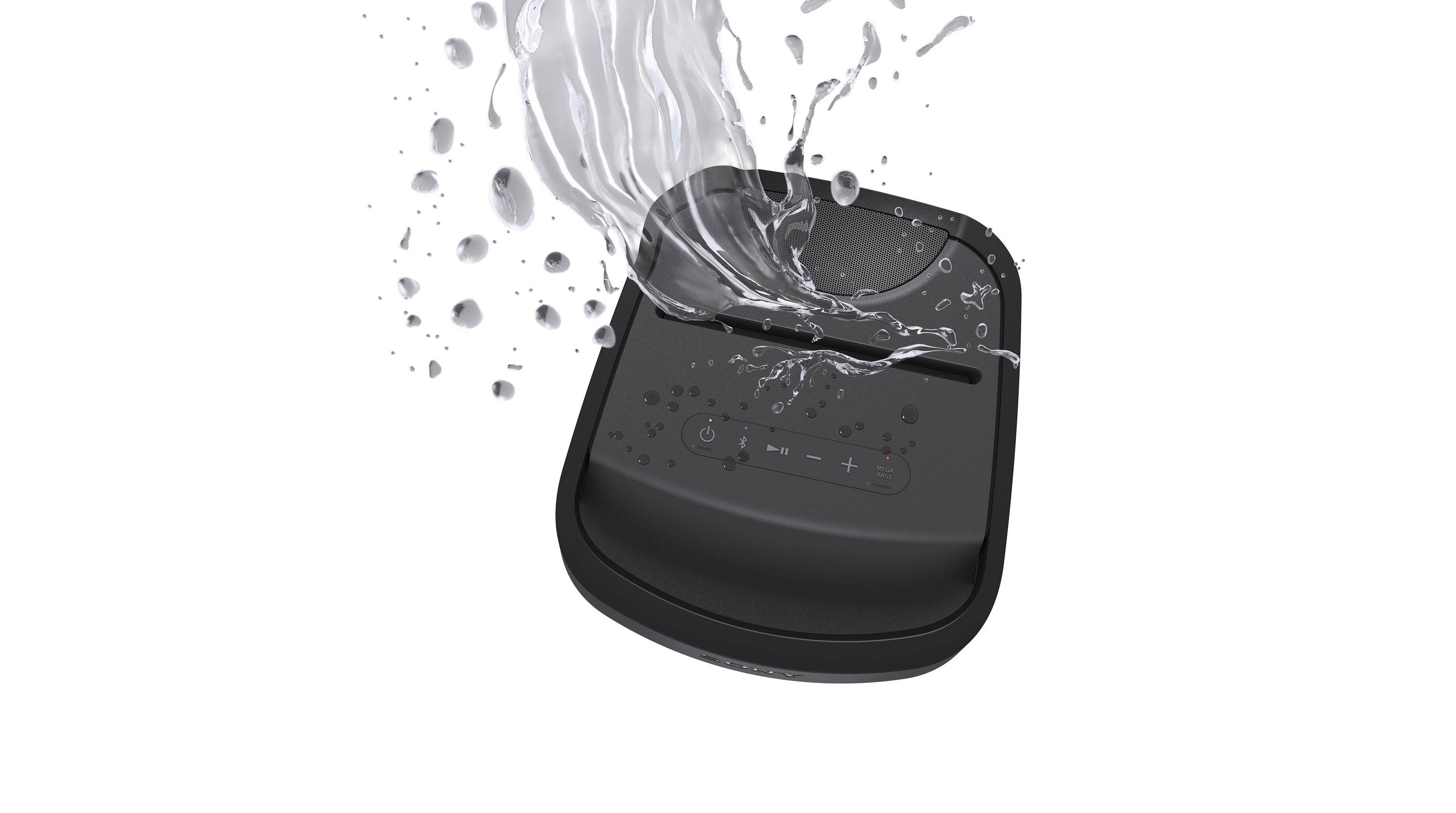 Eine schwarze, spritzwassergeschützte Fernbedienung mit Wassertropfen darauf. Buttons und Regler sind sichtbar.