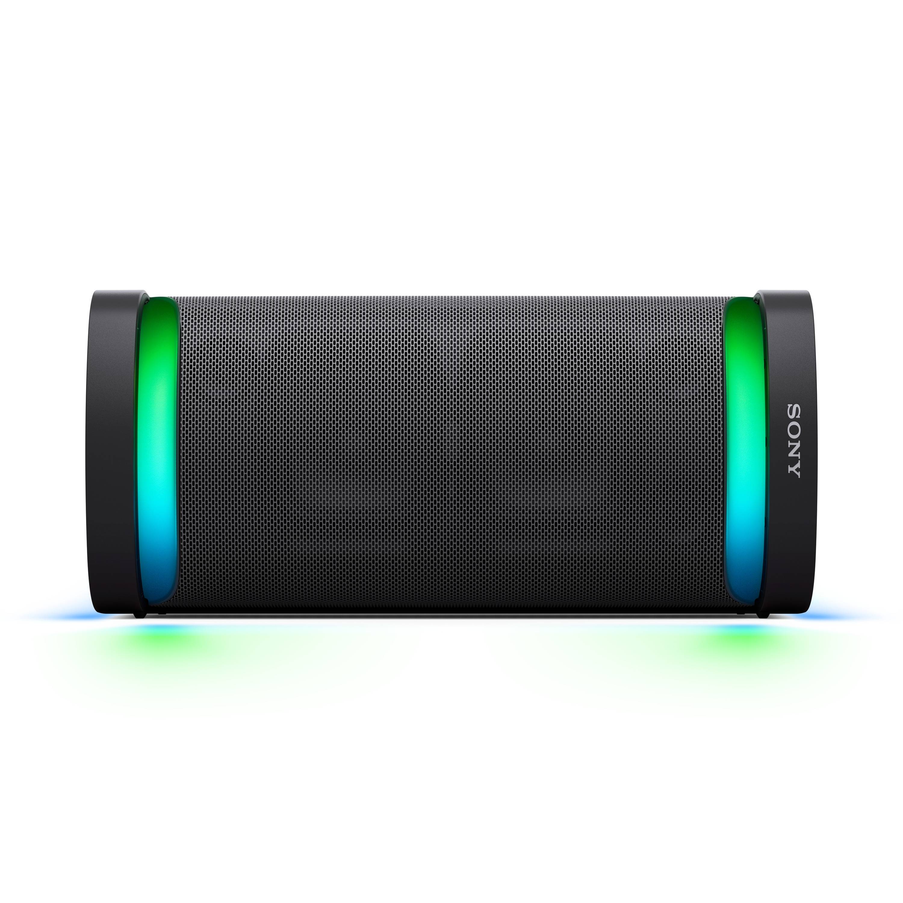 Schwarzer tragbarer Lautsprecher mit LED-Lichtern an den Seiten blau und grün leuchtend, Markenname auf der rechten Seite sichtbar.