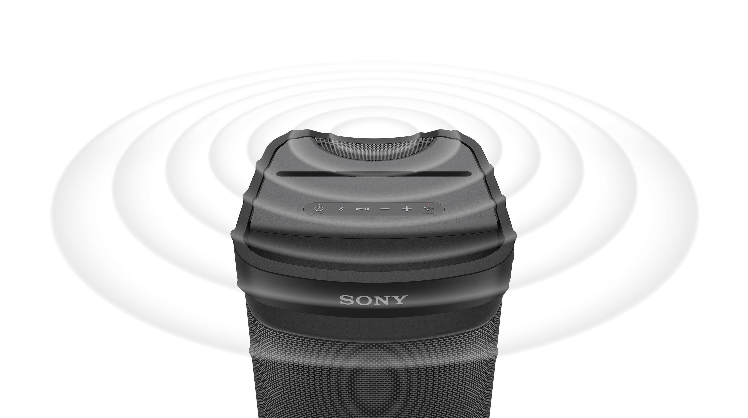 Schwarzer Sony-Lautsprecher mit Schallwellen zeigt, dass der Ton in alle Richtungen ausgegeben wird.