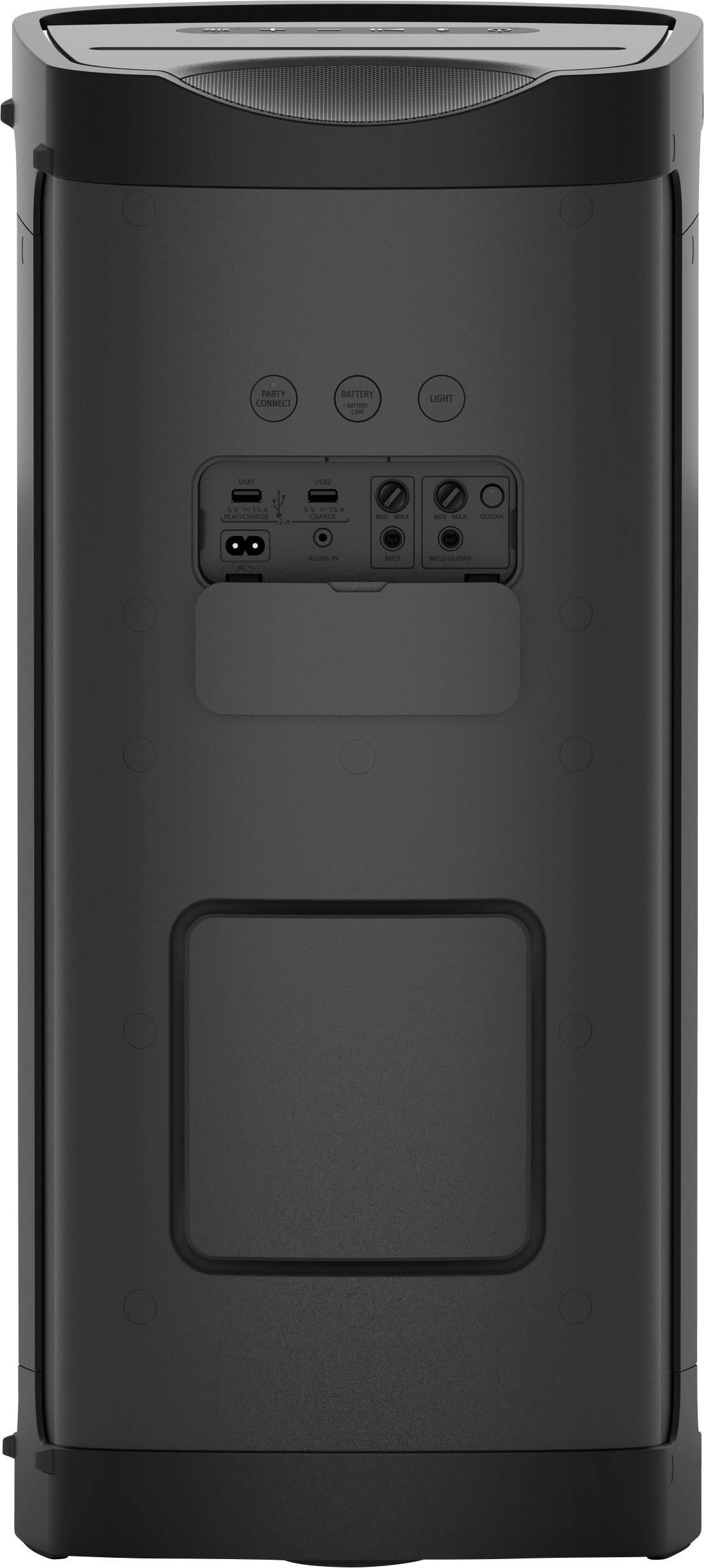 Schwarzer Lautsprecher mit mehreren Bedienknöpfen und Anschlüssen auf der Rückseite, geeignet für Audioübertragung und Steuerung.