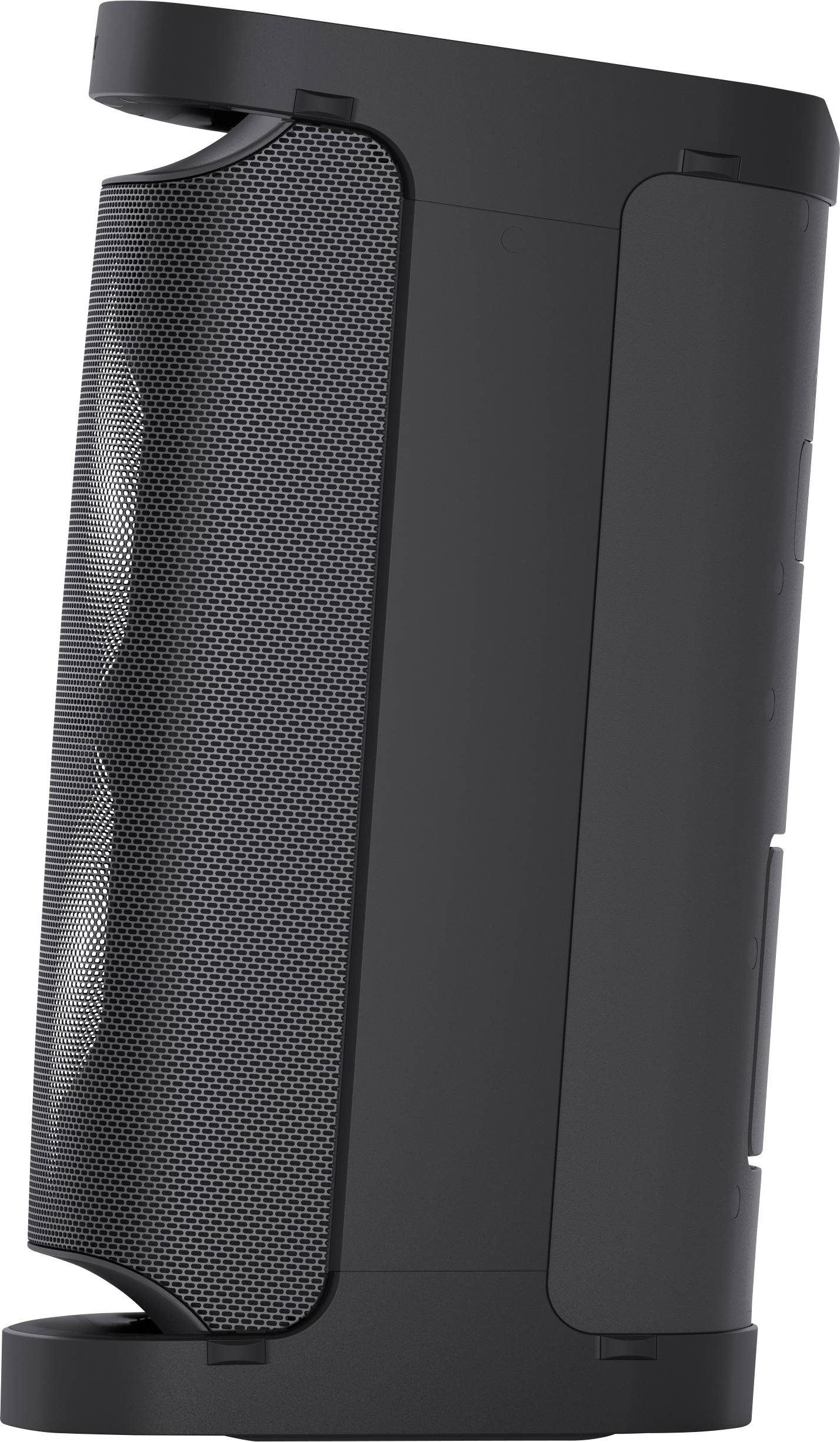 Schwarzer tragbarer Lautsprecher, vertikal positioniert, zeigt die Seite. Dezentes Design mit glatter Oberfläche und Lautsprechergitter.