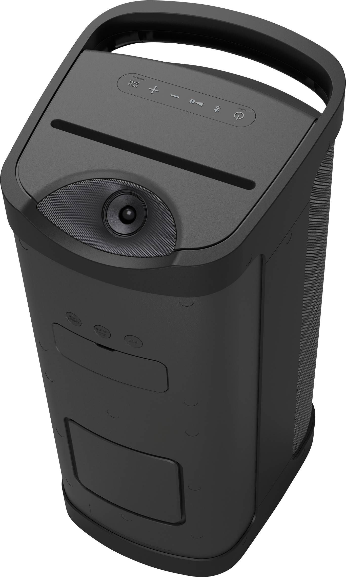 Schwarzer tragbarer Bluetooth-Lautsprecher mit Griff. Oben befindet sich ein Bedienfeld mit Tasten für Lautstärke und Wiedergabe.