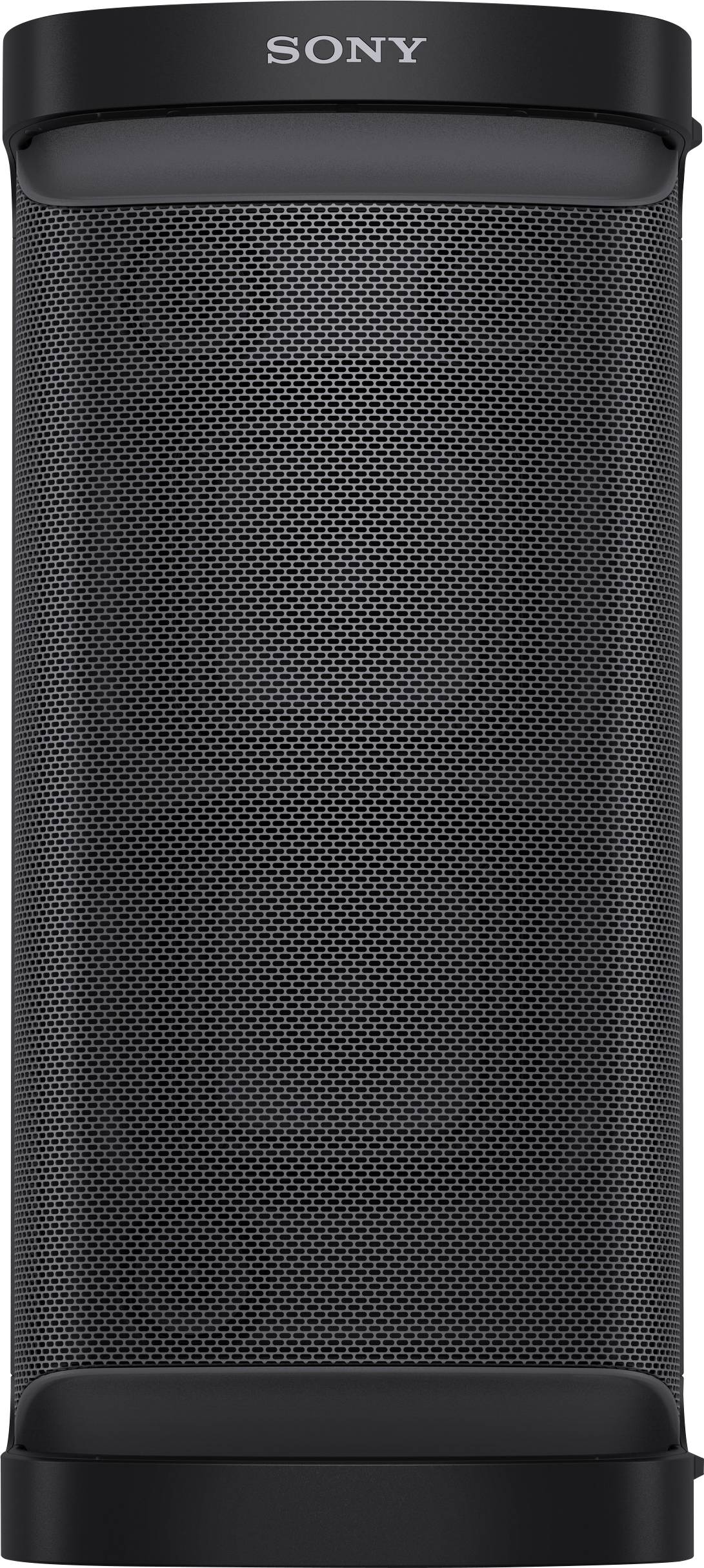 Tragbarer Sony-Lautsprecher in Schwarz, schlankes, vertikales Design mit Netzfront.